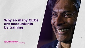 Headshot of Des Gunewardena with the text 'why so many CEOs are accountants by training' overlaid